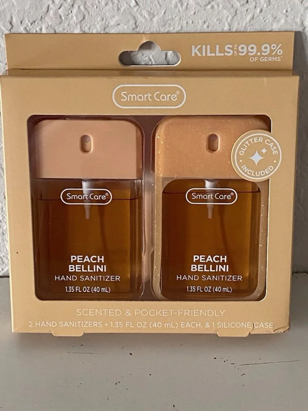 2 Pk 1.35 Fl Oz Smart Care Scented Hand Sanitizer Spray Peach Bellini Glitter